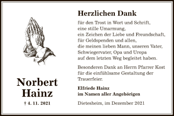 Traueranzeige von Norbert Hainz von OF