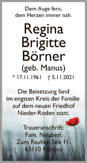 Traueranzeige von Regina Brigitte Börner von OF