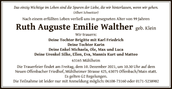 Traueranzeige von Ruth Auguste Emilie Walther von OF
