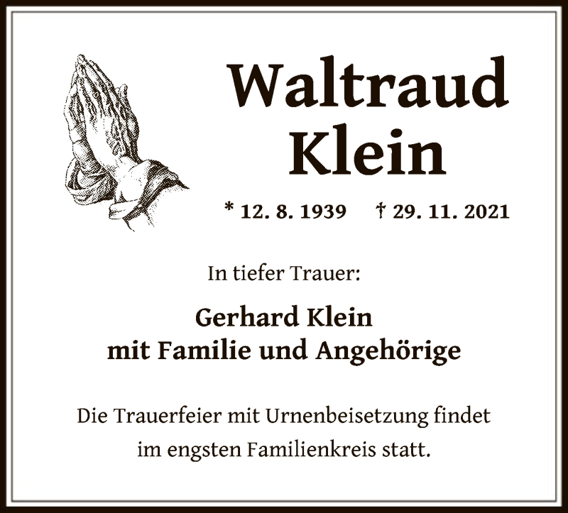 Traueranzeige für Waltraud Klein vom 09.12.2021 aus OF