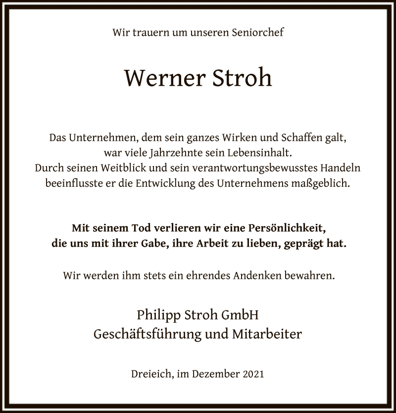  Traueranzeige für Werner Stroh vom 01.12.2021 aus OF