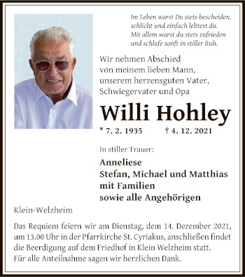 Traueranzeige von Willi Hohley von OF