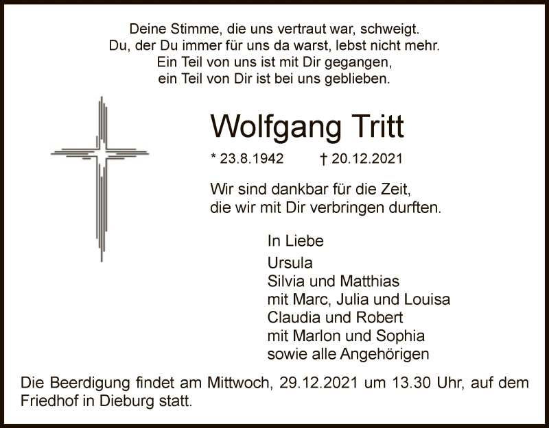  Traueranzeige für Wolfgang Tritt vom 24.12.2021 aus OF