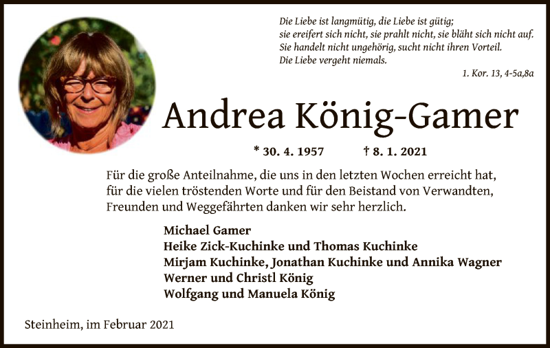  Traueranzeige für Andrea König-Gamer vom 20.02.2021 aus OF