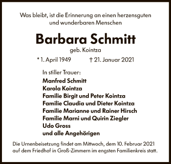 Traueranzeige von Barbara Schmitt von OF