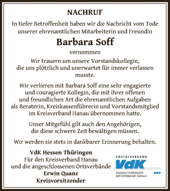 Traueranzeige von Barbara Soff von OF