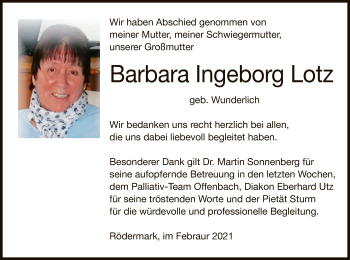 Traueranzeige von Barbara Ingeborg Lotz von OF