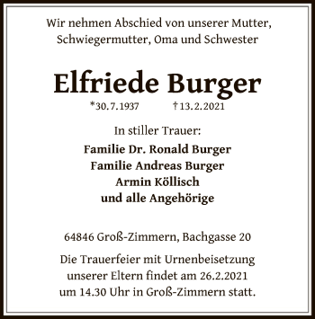 Traueranzeige von Elfriede Burger von OF