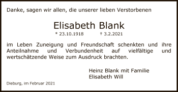 Traueranzeige von Elisabeth Blank von OF