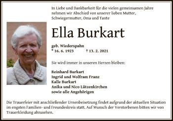 Traueranzeige von Ella Burkart von OF