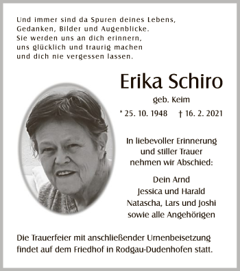 Traueranzeige von Erika Schiro von OF