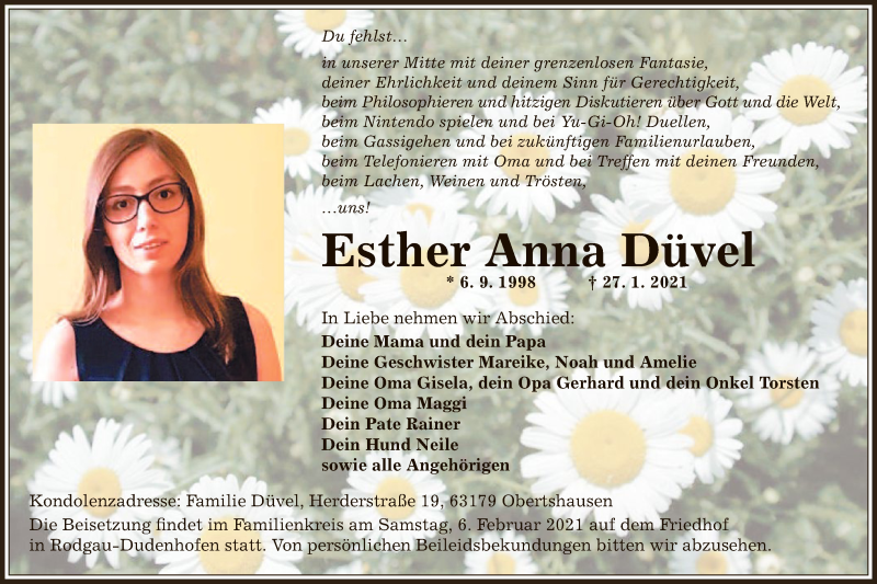  Traueranzeige für Esther Anna Düvel vom 06.02.2021 aus OF