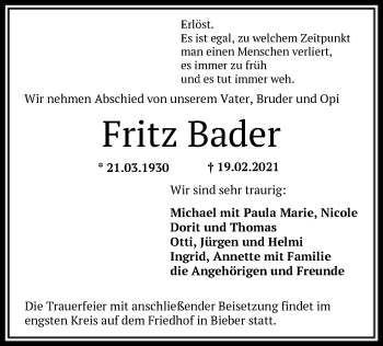 Traueranzeige von Fritz Bader von OF