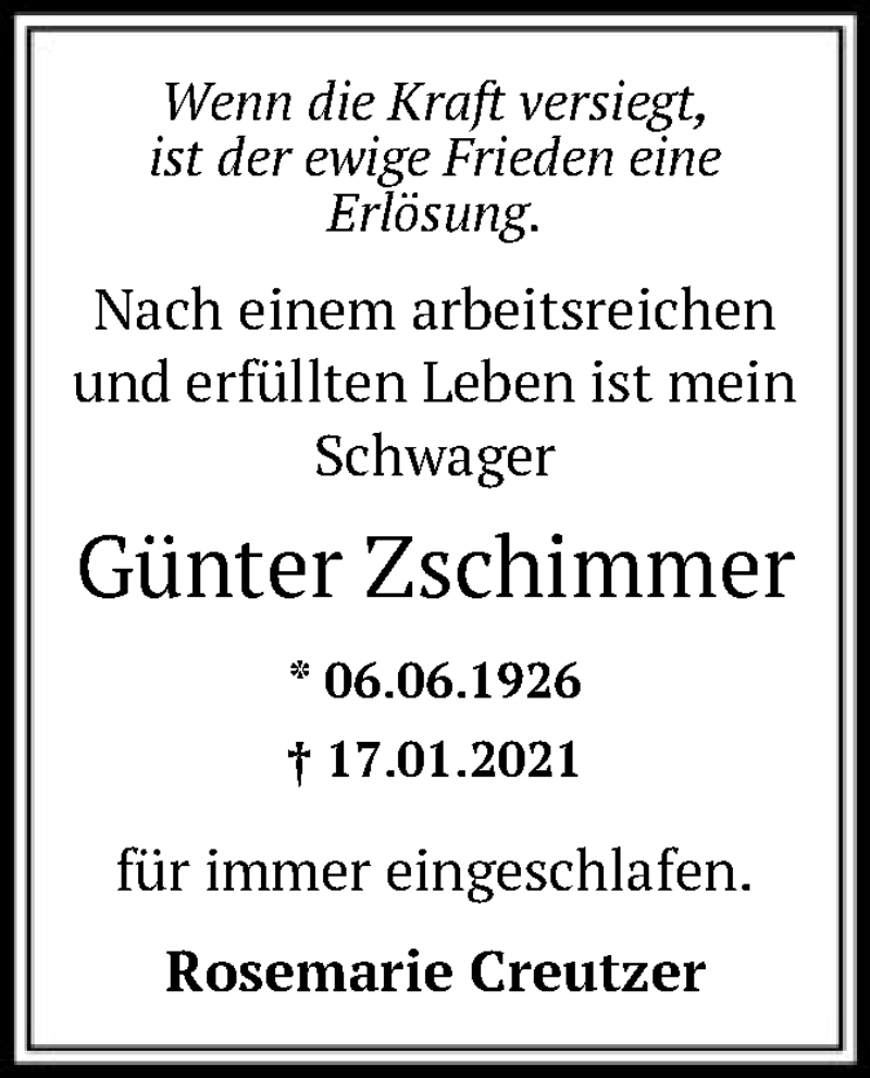  Traueranzeige für Günter Zschimmer vom 02.02.2021 aus OF