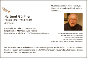 Traueranzeige von Hartmut Günther von OF