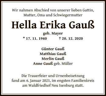 Traueranzeige von Hella Erika Gauß von OF