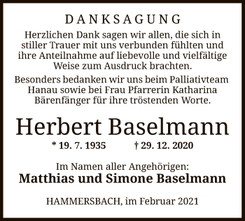 Traueranzeige von Herbert Baselmann von OF