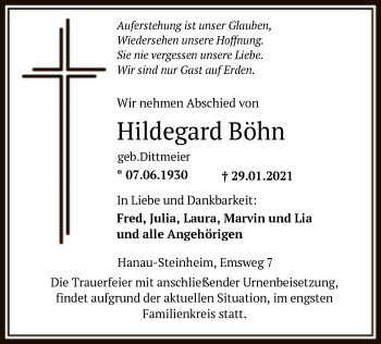 Traueranzeige von Hildegard Böhn von OF