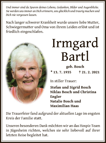 Traueranzeige von Irmgard Bartl von OF