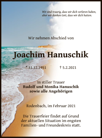 Traueranzeige von Joachim Hanuschik von OF