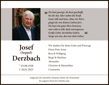 Traueranzeige von Josef Derzbach von OF