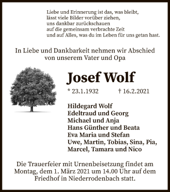 Traueranzeige von Josef Wolf von OF