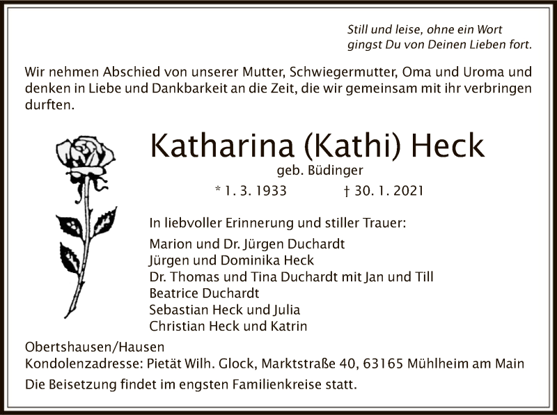  Traueranzeige für Katharina Heck vom 20.02.2021 aus OF