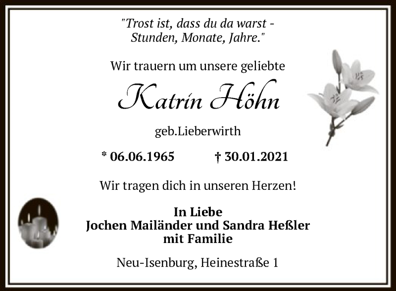  Traueranzeige für Katrin Höhn vom 11.02.2021 aus OF