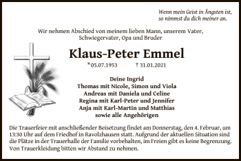 Traueranzeige von Klaus-Peter Emmel von OF