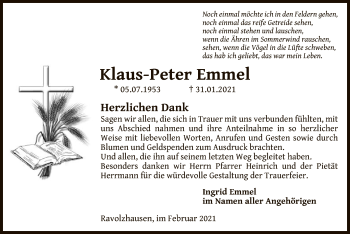 Traueranzeige von Klaus-Peter Emmel von OF