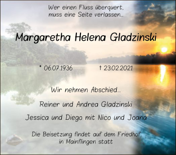 Traueranzeige von Margaretha Helena GladzinskiMargaretha Helena Gladzinski Gladzinski von OF