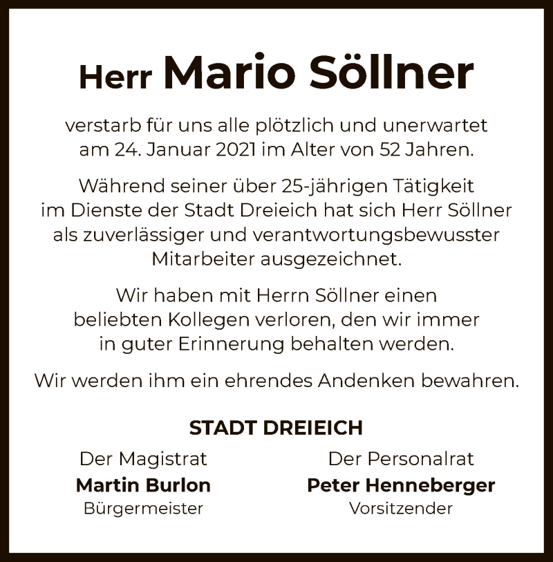  Traueranzeige für Mario Söllner vom 11.02.2021 aus OF