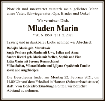 Traueranzeige von Mladen Marin von OF