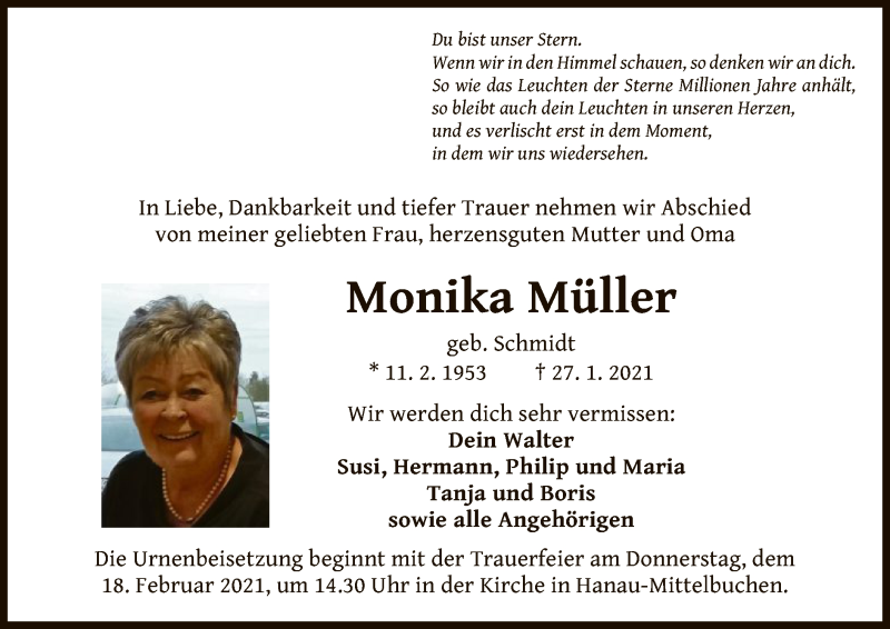  Traueranzeige für Monika Müller vom 06.02.2021 aus OF