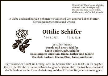 Traueranzeige von Ottilie Schäfer von OF