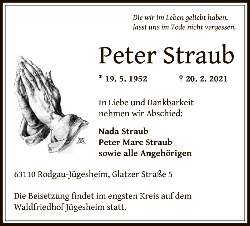  Traueranzeige für Peter Straub vom 27.02.2021 aus OF