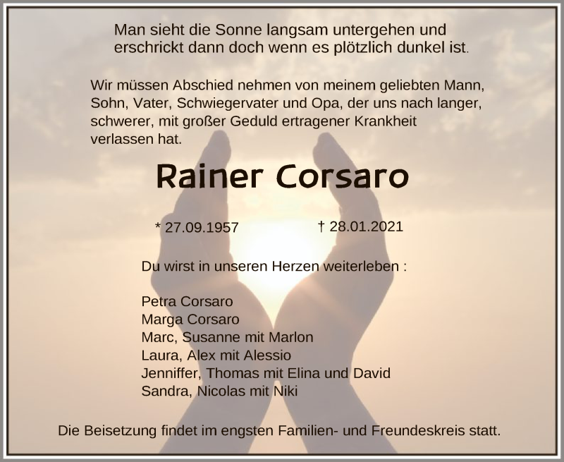  Traueranzeige für Rainer Corsaro vom 06.02.2021 aus OF