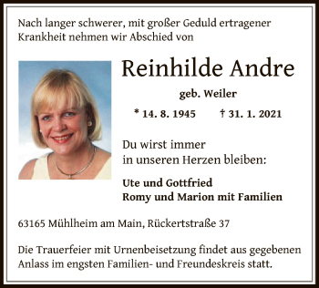 Traueranzeige von Reinhilde Andre von OF