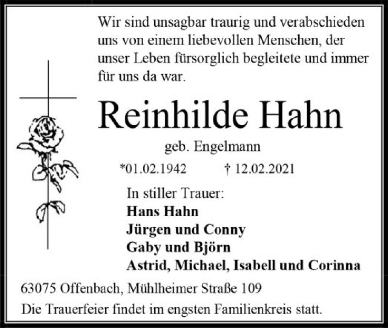  Traueranzeige für Reinhilde Hahn vom 20.02.2021 aus OF