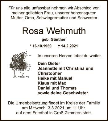 Traueranzeige von Rosa Wehmuth von OF