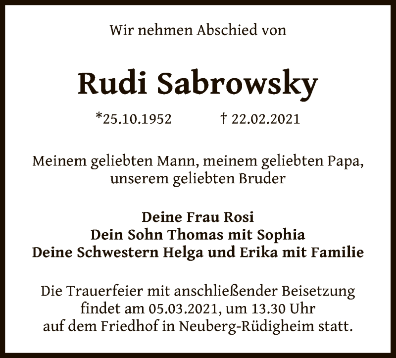  Traueranzeige für Rudi Sabrowsky vom 27.02.2021 aus OF