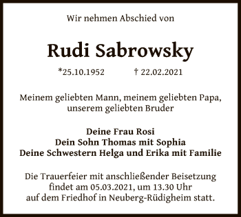 Traueranzeige von Rudi Sabrowsky von OF