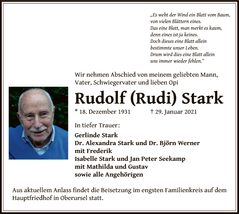  Traueranzeige für Rudolf Stark vom 06.02.2021 aus OF