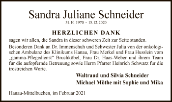 Traueranzeige von Sandra Juliane Schneider von OF