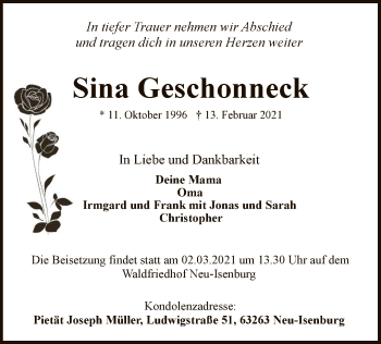 Traueranzeige von Sina Geschonneck von OF