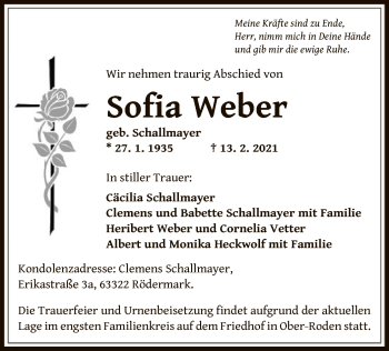 Traueranzeige von Sofia Weber von OF