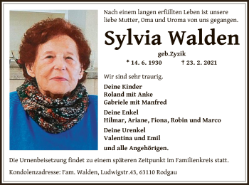 Traueranzeige von Sylvia Walden von OF