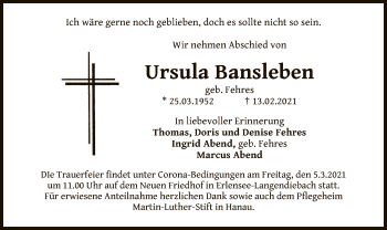 Traueranzeige von Ursula Bansleben von OF