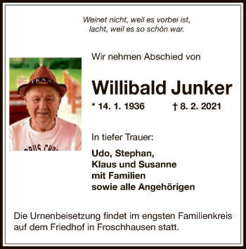 Traueranzeige von Willibald Junker von OF