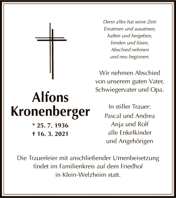 Traueranzeige von Alfons Kronenberger von OF